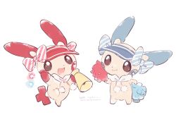 bow brown_eyes closed_mouth dated gen_3_pokemon holding holding_pom_poms minun minun_(cheer_captain) mkt_(buizu-miki) nintendo open_mouth plusle plusle_(cheer_captain) pokemon pokemon_(creature) pokemon_cafe_remix pom_pom_(cheerleading) pom_poms simple_background smile standing standing_on_one_leg white_background