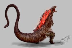Rule 34 | from behind, full body, giant, giant monster, glowing, glowing spikes, godzilla, godzilla (series), hanekura bou, highres, kaiju, long tail, monster, shadow, shin godzilla, simple background, spikes, tail, toho, very long tail, white background