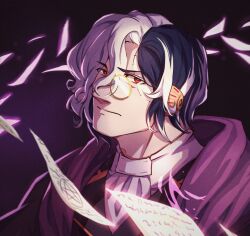 1boy adam&#039;s_apple ascot black_background black_hair dragalia_lost heinwald_(dragalia_lost) highres looking_at_viewer male_focus monocle multicolored_hair paper pentagram red_eyes solo split-color_hair stitched_face stitches two-tone_hair upper_body white_ascot white_hair yaekaidou