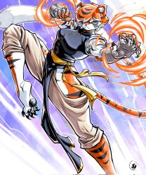 1girl animal_ears black_dress breasts china_dress chinese_clothes claws dress furry furry_female hand_wraps highres hip_vent initial jgeorgedrawz medium_breasts multicolored_fur orange_fur orange_hair original pants pawpads pelvic_curtain sash solo tail tiger_ears tiger_girl tiger_stripes tiger_tail waist_sash white_fur white_pants yellow_sash