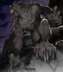 abs animal_ears artist_name blue_eyes claws furry furry_male grey_fur highres mountain night night_sky open_mouth original perspective rock sharp_teeth sky star_(sky) tail teeth twitter_username werewolf wintom wolf_boy wolf_ears wolf_paws wolf_tail