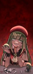 1girl 2091966 absurdres bang_dream! bang_dream!_it&#039;s_mygo!!!!! broken_doll commentary evil_grin evil_smile green_hair grin hair_ornament hairclip hat highres horror_(theme) long_hair looking_at_viewer mortis_(bang_dream!) mortis_(costume)_(bang_dream!) mortis_(persona)_(bang_dream!) red_background red_hat sharp_teeth smile teeth twitter_username wakaba_mutsumi wakaba_mutsumi_(doll) yandere yellow_eyes