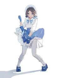 Rule 34 | 1girl, blue bow, blue bowtie, blue eyes, blue gloves, blue shoes, blush, bonnet, bow, bowtie, brown hair, commentary request, dress, dress tug, emma woods, emma woods (boudoir dream), footwear bow, frilled dress, frilled gloves, frilled sleeves, frilled socks, frills, full body, gloves, grey pantyhose, hand up, hat, hat ribbon, highres, identity v, layered dress, looking at viewer, pantyhose, parted bangs, parted lips, ribbon, shadow, shoes, simple background, socks, solo, standing, tang sanjiao, two-tone dress, white background, white socks