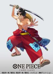 Rule 34 | 1boy, black hair, chonmage, commentary request, copyright name, full body, hat, holding, holding sword, holding weapon, japanese clothes, kimono, looking at viewer, male focus, monkey d. luffy, official art, one piece, one piece card game, otton, red kimono, sandals, scar, scar on chest, scar on face, simple background, smile, solo, straw hat, sword, topknot, topless male, weapon