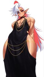 Rule 34 | 1boy, absurdres, black dress, chain, crossdressing, crossdressing (mtf), dress, ear piercing, earrings, elf, eyeshadow, from below, gold chain, highres, hip vent, jewelry, long hair, looking at viewer, looking down, makeup, male focus, modakawa dress, multicolored hair, nova (sotcho), original, pectorals, piercing, pointy ears, red eyes, red eyeshadow, red hair, simple background, sleeveless, sleeveless dress, solo, sotcho, toned, toned male, trap, two-tone hair, white background, white hair