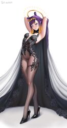 1girl absurdres armpits arms_up benchikart black_cloak blue_eyes bodystocking breasts chronopattern_dress cloak diamond_hairband full_body gradient_hair hairband halo high_heels highres hololive hololive_english multicolored_hair ninomae_ina&#039;nis orange_hair orange_hairband purple_hair simple_background small_breasts solo standing tentacle_hair virtual_youtuber white_background yellow_halo
