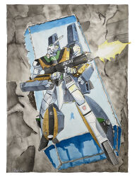 1980s_(style) 1boy 1girl 2023 battle battroid couple dated energy_cannon fake_screenshot firing gunpod highres hug ichijou_hikaru jeff_sorley laser_cannon lynn_minmay macross macross:_do_you_remember_love? mecha missile missile_pod oldschool painting_(medium) retro_artstyle robot roundel scan science_fiction sdf-1 shadow signature space spacecraft spoilers traditional_media u.n._spacy vf-1 vf-1_super vf-1a watercolor_(medium) when_you_see_it window zero_gravity