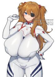 1girl alternate_breast_size blue_eyes bodysuit breasts cameltoe curvy eyepatch gigantic_breasts highres long_hair looking_at_viewer mecha_pilot_suit neon_genesis_evangelion orange_hair plugsuit_(evangelion) plump saitou_touko smile solo souryuu_asuka_langley thighs white_background
