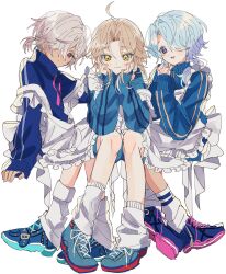 3boys apron arlan_(honkai:_star_rail) blonde_hair blue_hair gg_suyari highres honkai:_star_rail honkai_(series) jersey_maid light_blue_hair low_ponytail maid maid_apron misha_(honkai:_star_rail) multiple_boys ponytail purple_eyes shoes socks sweater tagme unconventional_maid white_background white_hair yanqing_(honkai:_star_rail) yellow_eyes