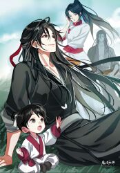 1girl 3boys aged_down basket black_hair black_hanfu black_shoes blue_sky brown_eyes bug butterfly child chinese_clothes closed_mouth cloud colored_skin copyright_name day gearous grass grey_skin hair_down hair_ribbon half_updo hand_up hanfu highres holding holding_basket insect lan_sizhui long_hair long_sleeves looking_at_another looking_up modao_zushi multiple_boys non-web_source official_alternate_hairstyle official_art on_grass open_mouth outdoors parted_lips ponytail red_eyes red_ribbon ribbon sash shoes sitting sky sleeves_rolled_up smile standing very_long_hair wei_wuxian wei_wuxian_(yiling_laozu) wen_ning wen_qing white_hanfu white_ribbon