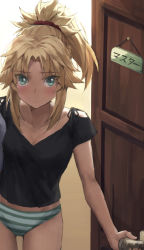 1girl bad_id bad_twitter_id black_shirt blonde_hair blue_eyes blush breasts doorway expressionless fate/apocrypha fate_(series) gluteal_fold groin highres looking_at_viewer midriff mordred_(fate) no_pants panties ponytail pov_doorway red_scrunchie scrunchie shirt small_breasts solo striped_clothes striped_panties t-shirt tonee translated underwear
