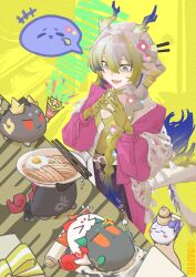 Rule 34 | 1girl, animalization, arknights, blonde hair, braid, choker, chongyue (arknights), chopsticks, colored extremities, colored skin, dragon bubble (arknights), dragon horns, dusk (arknights), eastern dragon tail, flower, food, grey hair, hair between eyes, hair flower, hair ornament, highres, horns, jacket, ling (arknights), long hair, multicolored hair, nian (arknights), noodles, official alternate costume, open clothes, open jacket, open mouth, party popper, pink jacket, pointy ears, raffic, shu (arknights), shu (spring feast) (arknights), solo, speech bubble, yellow choker, yellow skin, yu (arknights)