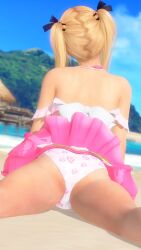 1girl 3d ass back beach bikini blonde_hair crotch from_behind game_cg medium_hair ocean outdoors pink_and_white_bikini pink_skirt sand shiny_skin skirt sky swimsuit twintails water wet white_and_pink_bikini white_bikini