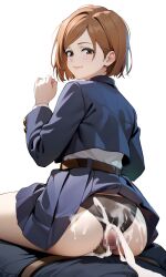Rule 34 | 1boy, 1girl, arm at side, ass, bare legs, belt, black panties, blazer, blue jacket, blue skirt, brown belt, brown eyes, brown hair, buttjob, buttjob over clothes, censored, closed mouth, clothes lift, cowboy shot, cropped jacket, cum, cum on ass, cum on body, cum on clothes, eyelashes, from behind, girl on top, hand up, hetero, huge ass, jacket, jujutsu kaisen, kugisaki nobara, lips, long sleeves, looking at viewer, looking back, matching hair/eyes, medium hair, mosaic censoring, panties, penis, school uniform, shirt, simple background, sitting, sitting on person, skirt, skirt lift, smile, solo focus, underwear, variant set, white background, white shirt, yoko-chan (mijizukeyoko)