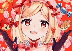 1girl beatrice_(umineko) beret black_gloves blonde_hair bow butterfly-shaped_pupils candy commentary cookie dress food gloves hair_bow hat highres jewelry lambdadelta looking_at_viewer medium_hair necklace open_mouth pearl_necklace pink_dress pink_hat red_background red_bow red_eyes solo suidousui symbol-only_commentary symbol-shaped_pupils teeth umineko_no_naku_koro_ni upper_teeth_only ushiromiya_battler