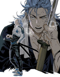 1boy absurdres bandana black_jacket black_pants blue_hair closed_mouth dogho31 english_text full_body hand_in_pocket heavy_breathing highres holding holding_sword holding_weapon jacket katana looking_to_the_side male_focus medium_hair multicolored_hair multiple_views muscular open_mouth original pants pectorals shoes simple_background solo star_(symbol) sweat sword teeth two-tone_hair upper_teeth_only weapon white_background white_bandana white_jacket white_shoes