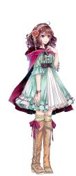 10s 1girl ahoge ani_inako blue_eyes boots brooch brown_boots brown_hair cape dame_x_prince dress female_focus flower full_body green_dress hair_flower hair_ornament headdress highres hood hood_down jewelry knee_boots official_art short_hair smile solo thighhighs transparent transparent_background