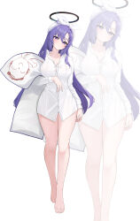 1girl absurdres barefoot black_halo blue_archive collared_shirt commentary doodle_sensei_(blue_archive) feet full_body halo highres long_hair mechanical_halo purple_eyes purple_hair sensei_(blue_archive) shirt solo themaree thighs toes white_shirt yuuka_(blue_archive) yuuka_(pajamas)_(blue_archive)