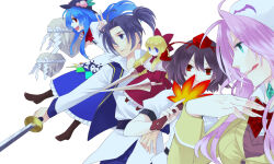 black_hair black_hat blonde_hair blue_hair bow commentary_request crossover doll dra+koi dress food food-themed_hair_ornament fruit fruit_hat_ornament green_brooch hair_bow hair_ornament hair_over_one_eye hat hat_ornament heroine_(dra+koi) hinanawi_tenshi holding holding_sword holding_weapon inoue_mikuni kaede_(bakumatsu_rouman) kaname-ishi leaf leaf_hat_ornament long_sleeves looking_at_viewer looking_to_the_side m.u.g.e.n maple_leaf multiple_crossover peach peach_hair_ornament pink_hair rainbow_gradient red_bow red_dress red_eyes shameimaru_aya shanghai_doll shirt sword tokin_hat touhou v weapon white_background white_hat white_shirt