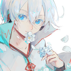 Rule 34 | 1girl, blue eyes, cardiogram, cardiogram print, chinese knot, closed mouth, colored eyelashes, flower, jacket, jing hua shui yue 3384, looking at viewer, short hair, solo, tomboy, vocaloid, vsinger (vocaloid), watermark, weibo username, weibo watermark, white background, white eyelashes, white hair, wristband, yanhe, yanhe v3