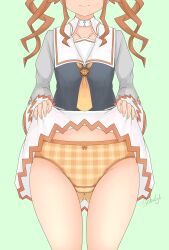 1girl absurdres bow bow_panties brooch choker closed_mouth clothes_lift commission crotch_seam eyes_out_of_frame flower_brooch gauche_(tales) gluteal_fold green_background head_out_of_frame highres lifting_own_clothes orange_bow orange_panties panties plaid_clothes plaid_panties red_hair short_hair shu~~n sidelocks signature simple_background skirt skirt_lift smile solo standing tales_of_(series) tales_of_vesperia thighhighs twintails underwear upskirt white_skirt
