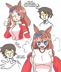 Rule 34 | + +, 1boy, 1girl, absurdres, animal ears, blue bow, blue eyes, blush, bow, braid, breasts, brown hair, commentary, english commentary, english text, gym shirt, hair bow, highres, horse ears, horse girl, implied lactation, jacket, large breasts, long hair, one eye closed, open mouth, red jacket, shirt, simple background, smile, starlinkman, super creek (umamusume), t-head trainer (umamusume), t-shirt, track uniform, trainer (umamusume), umamusume, upper body, white background, white shirt