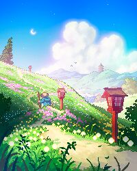 1other absurdres architecture bird blue_sky building cane cloud cloudy_sky day east_asian_architecture field flower foliage from_behind grass hat highres landscape moon mountain nature original outdoors path pixel_art road robe scenery sky timpershd tree walking wide_shot