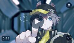 1girl ? animal_ears arknights baseball_cap black_hat black_jacket blue_eyes click_(arknights) closed_mouth commentary_request fake_play_button fake_video frown grey_hair hand_up hat jacket looking_at_viewer mouse_ears mouse_girl o_eeee_o open_clothes open_jacket portrait shirt short_hair solo_focus spoken_question_mark twitter yellow_shirt