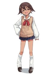 1girl alternate_costume blue_sky blush brown_eyes brown_hair full_body highres looking_at_viewer miyafuji_yoshika momendoufu open_mouth red_sailor_collar sailor_collar school_uniform shirt shoes short_hair simple_background skirt sky socks standing strike_witches sweater tan white_background white_shirt white_socks world_witches_series