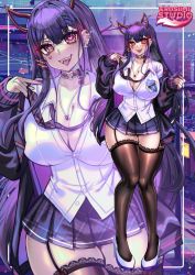 1girl akuma_nihmune akuma_nihmune_(1st_costume) artist_logo artist_name black_garter_straps black_jacket black_thighhighs breasts cleavage commentary demon_horns ear_piercing english_commentary facial_tattoo fake_horns full_body garter_straps hair_ornament hairclip heart heart-shaped_pupils heart_necklace heart_tattoo highres horns indie_virtual_youtuber jacket jewelry large_breasts logo looking_at_viewer nail_polish necklace necktie open_mouth osiimi piercing purple_hair purple_nails purple_necktie purple_skirt red_eyes shirt skirt symbol-shaped_pupils tattoo thighhighs tongue tongue_out virtual_youtuber white_shirt