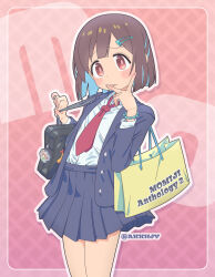 Rule 34 | 1girl, bag, bead bracelet, beads, black bag, blazer, blue hair, blue jacket, blue skirt, blush, bracelet, brown eyes, brown hair, collared shirt, colored inner hair, commentary request, cowboy shot, fingernails, gyaru, hair ornament, hairclip, hands up, highres, holding strap, hozuki momiji, jacket, jewelry, lips, long sleeves, loose necktie, matado (almukha), miniskirt, multicolored hair, necktie, official alternate costume, onii-chan wa oshimai!, open clothes, open jacket, outline, pleated skirt, red necktie, school bag, school uniform, shirt, shirt tucked in, shopping bag, short hair, skirt, solo, standing, twitter username, unbuttoned, v, white outline, white shirt, yellow bag