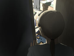 1boy 1girl absurdres avogado6 backlighting bed bedroom black_pants commentary death doorway english_commentary from_behind hanged highres indoors low_ponytail mother_and_son opening_door original pants ponytail shadow suicide swivel_chair wooden_floor