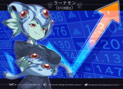 1girl alternate_costume arms_under_breasts black_jacket blue_hat breasts colored_skin cowboy_shot dclaret digimon digimon_(creature) fang fins green_skin hat head_fins highres jacket large_breasts looking_at_viewer meme ranamon red_eyes shirt smile solo stonks_(meme) white_shirt