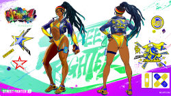1girl absurdres ass bandaid bandaid_on_face bandaid_on_knee bandaid_on_leg bikini black_hair breasts character_name character_print cleavage colored_tips copyright_name cropped_jacket dark-skinned_female dark_skin dreadlocks fingerless_gloves gloves hairband highres kimberly_jackson multicolored_hair multicolored_hairband official_alternate_costume official_alternate_hairstyle official_art reference_sheet sandals solo spray_can standing sticker_on_face sticker_on_neck street_fighter street_fighter_6 swimsuit thigh_strap walkman yellow_bikini zeku