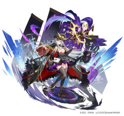 1girl absurdres bikini black_bikini black_boots black_coat black_hat black_skirt black_thighhighs boots breasts character_request cleavage coat full_body garter_straps grey_hair hat high-waist_skirt high_heel_boots high_heels highres large_breasts long_hair no_shirt piyopoyo skirt solo swimsuit thighhighs twinkle_star_knights
