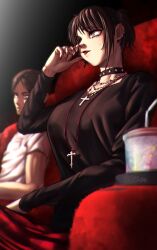 1boy 1girl absurdres armrest black_eyeliner black_hair black_sweater breasts choker cleavage collarbone cross cross_earrings cup disposable_cup drinking_straw earclip earrings eren_yeager eyeliner goth_fashion hand_on_own_face highres jewelry large_breasts lipstick looking_at_another makeup mascara mikasa_ackerman multiple_earrings multiple_necklaces multiple_rings necklace red_lips ring runny_makeup shingeki_no_school_castes short_hair spiked_choker spikes sweater tears tettora wiping_tears yellow_eyes