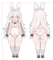 1girl :d animal_ears ass backless_outfit bare_arms bare_shoulders black_shoes blush borrowed_character collar commentary_request detached_collar fake_animal_ears grey_eyes grey_hair hairband highres leotard long_hair multiple_views open_mouth original pantyhose playboy_bunny rabbit_ears rabbit_tail sa_ka_(sakanoya) shoes short_eyebrows smile strapless strapless_leotard tail thick_eyebrows very_long_hair white_background white_collar white_hairband white_leotard white_pantyhose wing_collar wrist_cuffs