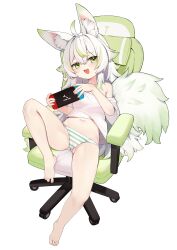 1girl :d absurdres animal_ears chair fang full_body gaming_chair green_eyes grey_hair handheld_game_console highres holding holding_handheld_game_console long_hair looking_at_viewer multicolored_hair navel negiwolf nintendo_switch no_pants off_shoulder open_mouth original panties raised_inner_eyebrows shirt simple_background sitting skin_fang smile smug streaked_hair striped_clothes striped_panties swivel_chair tail underwear white_background white_hair white_shirt wolf_ears wolf_girl wolf_tail xiang_bo_bo