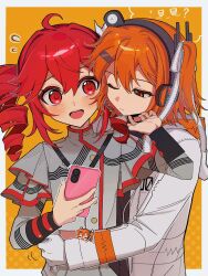 2girls a.i._voice adachi_rei ahoge black_shirt black_sleeve_cuffs blush border buttons cellphone charm_(object) closed_mouth drill_hair flat_chest flying_sweatdrops gloves grey_border grey_jacket grey_skirt hair_between_eyes hair_ribbon hashtag-only_commentary headlamp highres holding holding_phone jacket kasane_teto kasane_teto_(sv) kimmy6710223 layered_sleeves long_sleeves looking_at_another midriff_peek multiple_girls musical_staff musical_staff_print one_eye_closed open_mouth orange_eyes orange_hair outside_border phone radio_antenna red_eyes red_hair red_trim ribbon shirt side_ponytail skirt smartphone striped_clothes striped_jacket synthesizer_v teeth twin_drills upper_body upper_teeth_only utau white_gloves white_jacket white_ribbon yuri