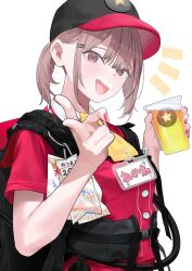 1girl 38_(sanjuuhachi) absurdres alcohol backpack bag baseball_cap beer black_hat brown_hair buckle character_request collared_shirt copyright_request cup foam_mustache harness hat highres holding holding_cup light_blush looking_at_viewer name_tag open_mouth parted_bangs ponytail red_eyes red_nails red_shirt sapporo_beer shirt sidelocks solo towel two-tone_hat upper_body uriko_(baseball) v white_background