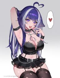 absurdres ahoge animal_ears arm_up armpits black_nails bracelet breasts cat_ears chain collar cowboy_shot crop_top cross cross_necklace evangellium facial_mark fishnets goth_fashion gradient_background grey_background grey_hair heart heart_ahoge highres indie_virtual_youtuber jewelry large_breasts lipstick long_hair looking_at_viewer makeup miniskirt multicolored_hair navel necklace purple_eyes purple_hair shylily sitting skirt spiked_belt spiked_collar spikes spoken_heart streaked_hair sweat thighhighs torn_clothes twitter_username