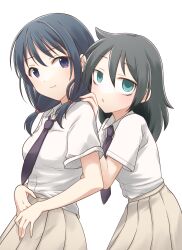 2girls bags_under_eyes black_hair breasts brown_skirt chestnut_mouth closed_mouth collared_shirt commentary from_side green_eyes hair_between_eyes hand_on_another&#039;s_shoulder hand_up highres hikaru_(ofuton_at5) kuroki_tomoko long_hair looking_at_viewer looking_to_the_side low_twintails multiple_girls necktie parted_lips pleated_skirt purple_eyes purple_necktie school_uniform shirt shirt_partially_tucked_in shirt_tucked_in short_sleeves simple_background skirt smile split_mouth standing tamura_yuri twintails watashi_ga_motenai_no_wa_dou_kangaetemo_omaera_ga_warui! white_background white_shirt