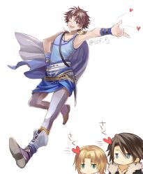 3boys arm_up armor bartz_klauser bead_necklace beads belt blonde_hair blue_cape blue_eyes blue_skirt blue_tank_top boots bridal_gauntlets brown_hair cape chibi chibi_inset circlet dagger dissidia_final_fantasy expressionless final_fantasy final_fantasy_ix final_fantasy_v final_fantasy_viii full_body fur-trimmed_jacket fur_trim gem green_eyes hand_on_own_hip happy heart jacket jewelry jitome knife leggings looking_at_viewer low_ponytail male_focus multiple_boys necklace one_eye_closed open_mouth outstretched_arm pendant ponytail red_gemstone running sasanomesi scar scar_on_face short_hair short_hair_with_long_locks shoulder_armor simple_background skirt smile spoken_heart squall_leonhart tank_top teeth translation_request twitter_username upper_teeth_only weapon white_background white_leggings zidane_tribal