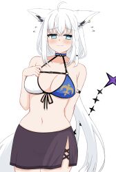 Rule 34 | 1girl, @ @, ahoge, alternate costume, animal ear fluff, animal ear piercing, animal ears, bare shoulders, bikini, blush, braid, breasts, cleavage, closed mouth, collarbone, fox ears, fox girl, fox tail, hand on own chest, highres, hololive, large breasts, miya anko, navel, shirakami fubuki, side braid, simple background, solo, stomach, swimsuit, tail, virtual youtuber, white background, white bikini, white hair
