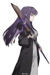 Rule 34 | 1girl, artist name, black coat, black robe, blunt bangs, breasts, coat, collar, cowboy shot, dress, expressionless, fern (sousou no frieren), frilled collar, frills, hair between eyes, highres, holding, holding staff, large breasts, long hair, long sleeves, mage staff, medium breasts, purple eyes, purple hair, robe, sidelocks, simple background, snowcake47, solo, sousou no frieren, staff, straight hair, white background, white dress, wooden staff