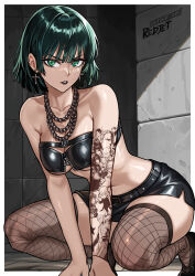 1girl arm_support arm_tattoo bead_necklace beads black_hair black_skirt bob_cut breasts brown_thighhighs character_tattoo collarbone earrings fishnet_thighhighs fishnets fubuki_(one-punch_man) genos goth_fashion green_eyes highres jewelry king_(one-punch_man) large_breasts looking_at_viewer miniskirt necklace one-punch_man onsoku_no_sonic pencil_skirt redjet saitama_(one-punch_man) shiny_skin shoes short_hair skirt solo tatsumaki tattoo teeth thighhighs