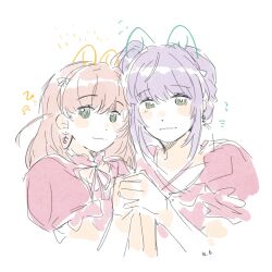Rule 34 | 2girls, :3, animal ears, beamed eighth notes, blush, cat ears, cerise bouquet, closed mouth, commentary, dated, drawn ears, dress, eighth note, flying sweatdrops, frilled dress, frills, highres, hinoshita kaho, link! like! love live!, looking at viewer, love live!, multiple girls, musical note, notice lines, official alternate costume, otomune kozue, pink dress, puffy short sleeves, puffy sleeves, reflection in the mirror (love live!), short sleeves, simple background, smile, symbol-only commentary, virtual youtuber, white background, woodonly