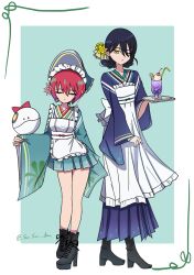 2girls amate_yuzuriha apron breasts closed_eyes closed_mouth frilled_apron frills gundam gundam_gquuuuuux hair_ornament haro hasu_175 highres holding japanese_clothes kimono long_hair long_sleeves looking_at_viewer maid maid_apron maid_headdress multiple_girls nyaan_(gundam_gquuuuuux) open_mouth red_hair short_hair wa_maid white_apron wide_sleeves yellow_eyes