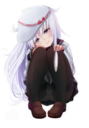 10s 1girl black_pantyhose blue_eyes blush female_focus fish hammer_and_sickle hat hibiki_(kancolle) kantai_collection long_hair looking_at_viewer messy_hair panties panties_under_pantyhose pantyhose pantyshot purple_eyes qunqing saury school_uniform serafuku skirt smile solo squatting star_(symbol) thighband_pantyhose underwear verniy_(kancolle) white_hair