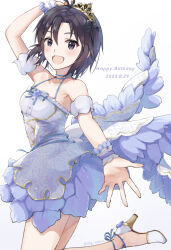 1girl :d arm_up birthday black_eyes black_hair breasts cowboy_shot dated detached_sleeves dress english_text fake_wings floral_print_dress halter_dress halterneck happy_birthday high_heels idolmaster idolmaster_(classic) kikuchi_makoto looking_at_viewer looking_back mogskg open_mouth print_dress puffy_detached_sleeves puffy_sleeves short_hair simple_background smile solo standing tiara twitter_username white_background white_dress wings wrist_cuffs